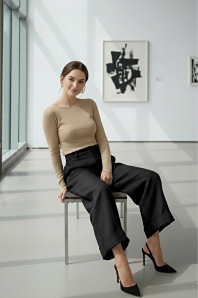 CAST COLLECTİON Γυναικεία Καφέ Μακρυμάνικη Μπλούζα Στενής Γραμμής