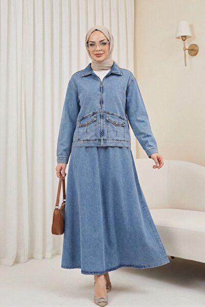 HİJABAYA Jeans Set with Zippered Pocket and Stone Detail