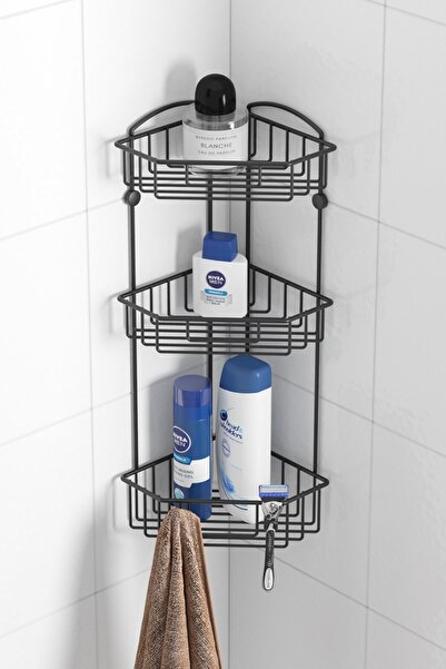 Tekno-tel Teknotel Three-Tier Hooked Bathroom Corner Shelf Black Es093