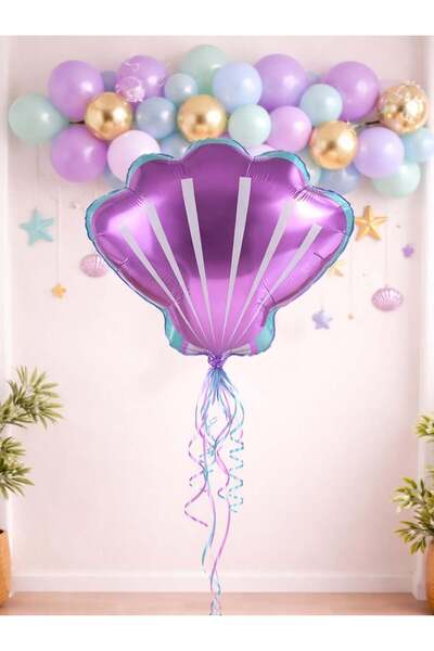 Parti Adresi Deniz Kabuğu Folyo Balon Doğum Günü Balonu Parti Balonu Mor 55 cm