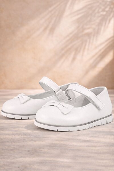 Rakerplus Бели балерини с панделка и велкро от естествена кожа за момичета
