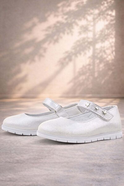 Rakerplus Балерини от естествена кожа със сребърни звезди и велкро за момичета