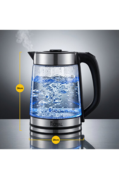 Royal Appliances غلاية كهربائية زجاجية سعة 2.5 لتر، إيقاف تلقائي، تسخين سريع 1500 واط، دوران 360 درجة °   قاعدة لاسلكية، فضية اللون، طراز RA-EK2053