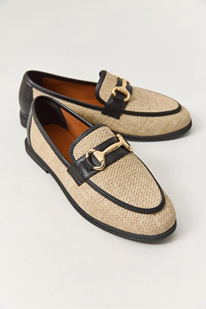 Raneel Kazançlı Alışveriş Women's Black Mink Straw Upper Loafer with Belt Detail