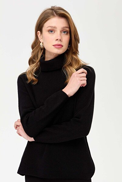 Desen Triko Γυναικείο πλήρες ζιβάγκο Κλασικό μάλλινο πουλόβερ μαύρο