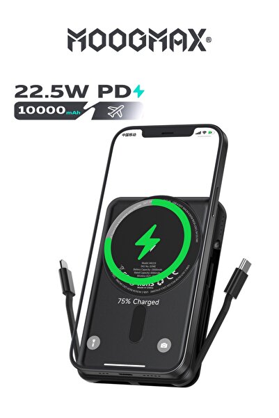 MOOGMAX باور بنك مغناطيسي 10000mAh من Trunk بشحن سريع 22.5W وكبلين مدمجين، يد...