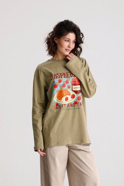 mina aise Women's Khaki Oversize Printed Cotton T-Shirt 31102