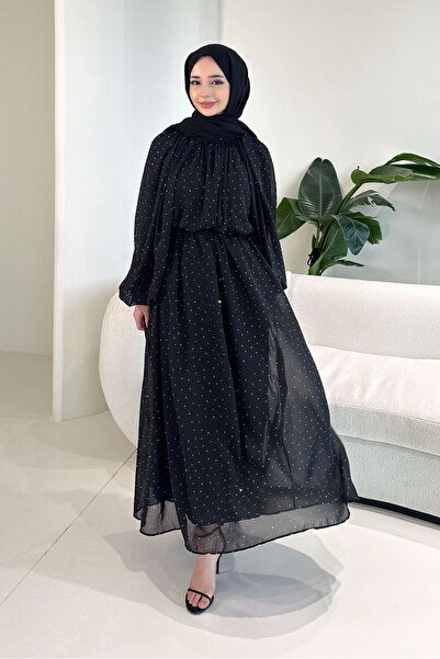 Ovn. Rosalina Taşlı Şifon Elbise - Siyah