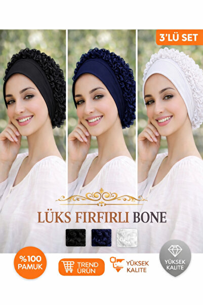 cs ilkim Luxury Cotton 3-Pack Ruffled Bonnet Black-Navy Blue-White