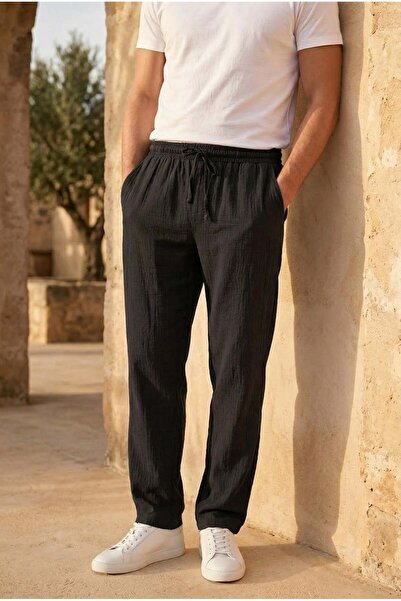 Valiberta بنطلون رجالي فضفاض من الموسلين خفيف ومريح - أسود