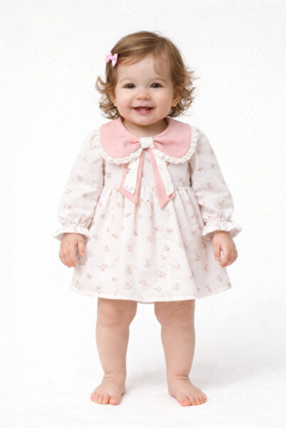 TOGY BABY VE KIDS WEAR Leonie Kız Bebek Elbise Somon Yakalı Çiçek Desenli 6-2...