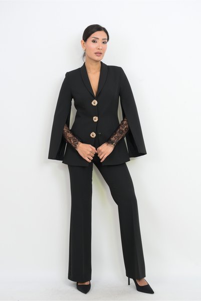 Dorne Moda Women's Crepe Lace Detailed Pant Jacket Suit - Wedding - Graduation - Office Elegance