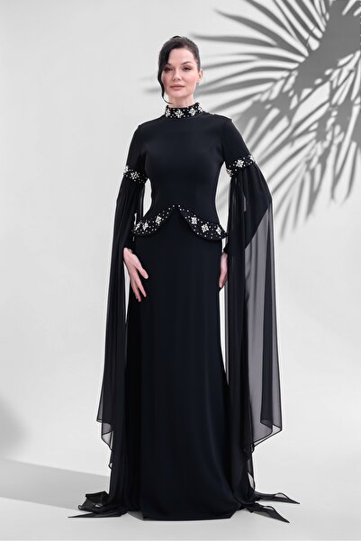 BDM Exclusive Taşlı Yaka ve Kol Detaylı Şifon Kollu Premium Abiye Elbise