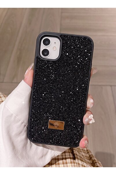 KVK PRİVACY iPhone 12 / 12 Pro Uyumlu – Elmas Tasarımlı, Siyah Taşlı, Işıltıl...