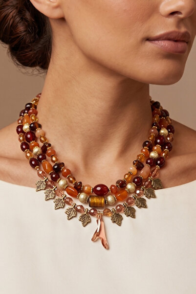 PETEK AKSESUAR DESIGN 3 ROW BONE NATURAL STONE LEAF STYLE NECKLACE