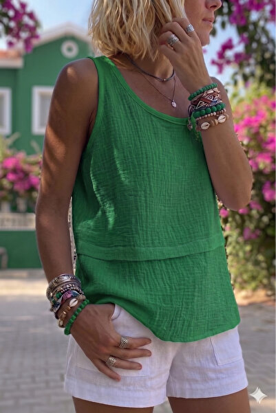 Pasaklı Giyim Γυναικεία Πράσινη 100% Βαμβακερή Μουσλίνα με Λεπτές Ραφές και Τ...