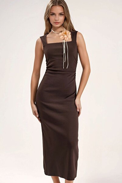 Hiccup Square Neck Fitted Midi Dress with Slits