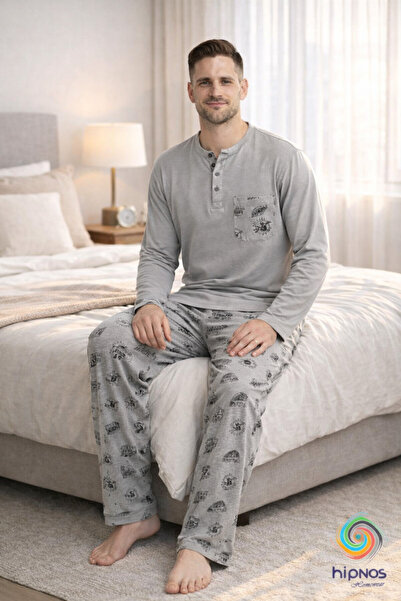 Hipnos 100% Cotton Soft-Textured Long Sleeve Relaxed Fit Men's Pajama Set