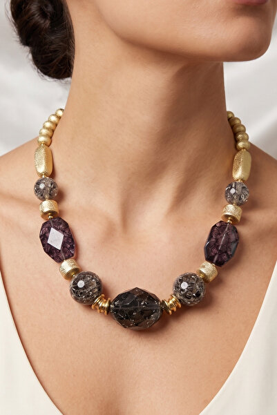 PETEK AKSESUAR Design Gray Acrylic Soft Gold Object Necklace
