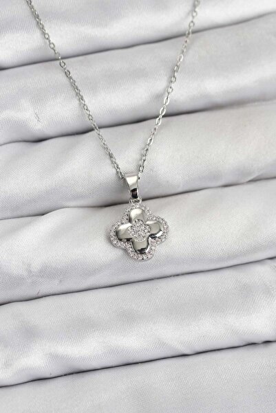Epilons 316L Steel Chain Silver Color Zircon Stone Clover Model Women's Neckl...