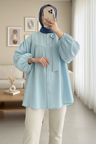 HİJABAYA Λινό τουνίκ με λεπτομέρεια φιόγκου στο λαιμό, ελαστικό μανίκι και κο...