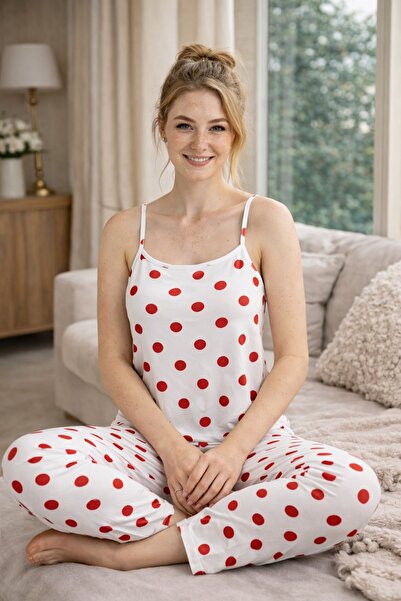 rindahomewear Γυναικείο σετ πιτζάμες με λουράκια σε σχέδιο πουά Milan