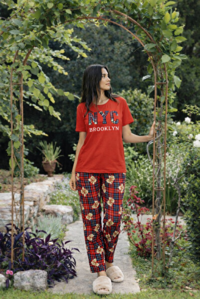 rindahomewear Γυναικείο σετ πιτζάμες με καρό σχέδιο Milan με αρκουδάκι