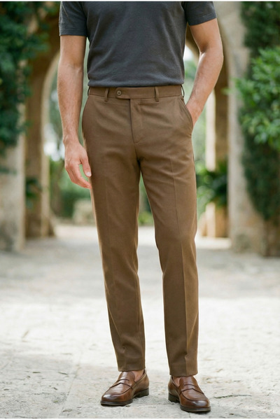 Mero Life Ανδρικό υφασμάτινο παντελόνι από ελαστικό λύκρα ποιότητας Tan, μήκο...