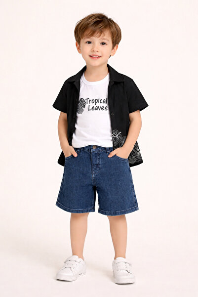 İray Καλοκαιρινό Σετ Πουκάμισο T-Shirt Σορτς Συνδυασμός με Τροπικό Σχέδιο Άνε...