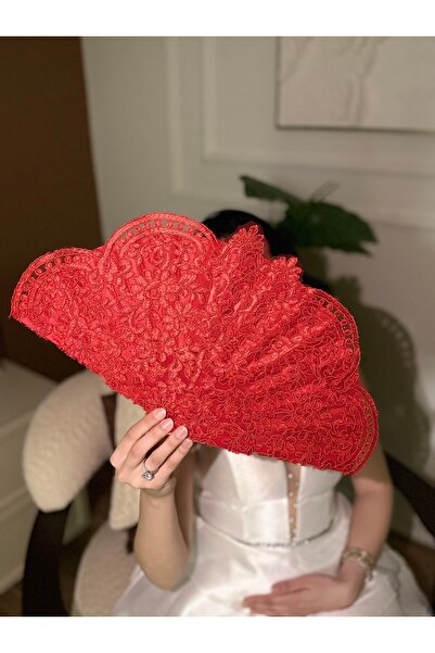 Bridal Luxe Red Lace Detailed Bridal Fan Henna Fan
