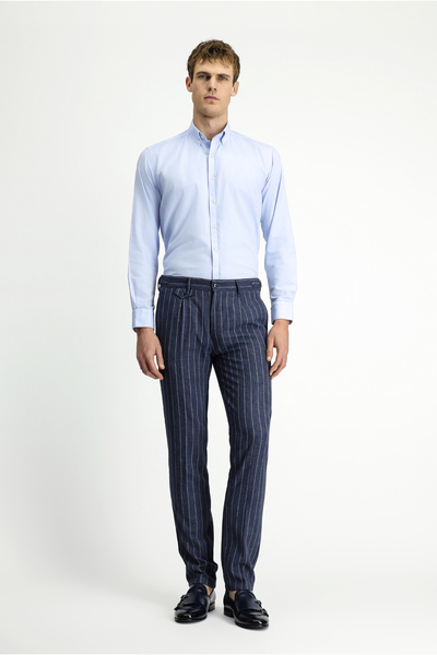 Kiğılı 7 Drop Slim Fit Παντελόνι από κλασικό ύφασμα με λινό μείγμα, ριγέ και ...