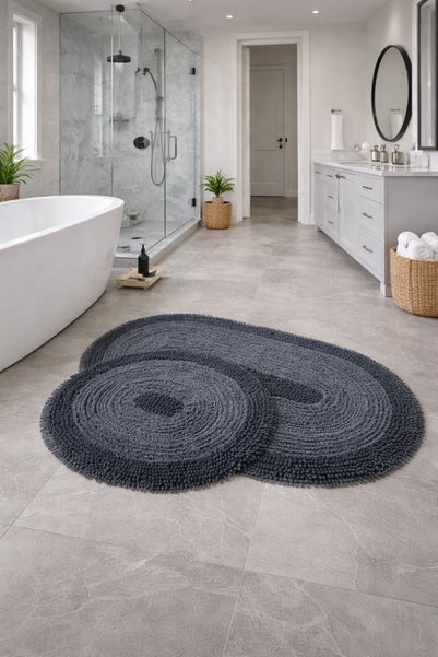 AVANTAJ Macoroni Oval Antrasit 2'li Banyo Paspası Seti  Doğal Pamuklu  Banyo ...