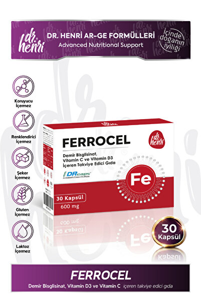 Dr.Henri Ferrocel – Demir Bisglisinat, Vitamin D3 ve Vitamin C 30 Kapsül