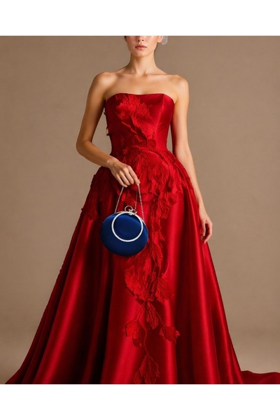 NAZART Γυναικεία Σατέν Μπλε Μπλε Στρογγυλό Βραδινό Φόρεμα Clutch Τσάντα Clutch