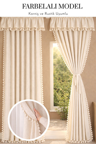 perde plus Κουρτίνα φόντου με όψη λινό, με χρωματιστές κρεμ φούντες – Σαλόνι,...