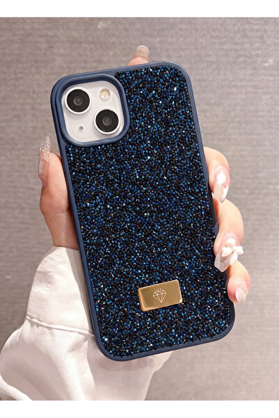 KVK PRİVACY iPhone 13 / 14 / 15 Uyumlu – Elmas Tasarımlı, Lacivert Taşlı, Işı...
