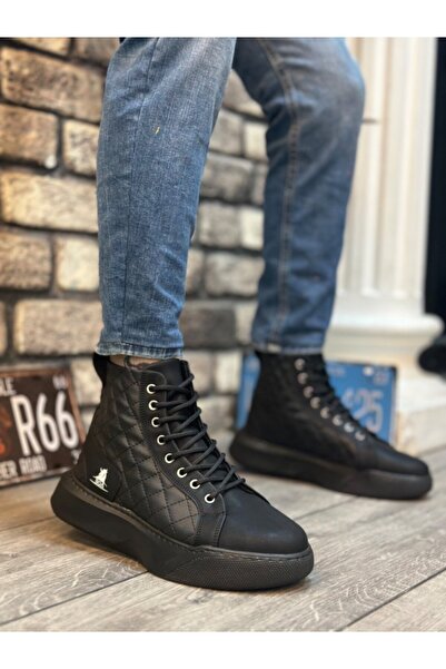 BOA BA0159 Ανδρικά αθλητικά μποτάκια με ψηλή σόλα με κορδόνια μαύρα καπιτονέ