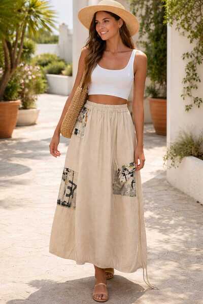 Butik Şans Patch Detailed Elastic Waist Italian Linen Skirt