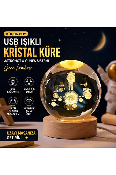 KOLAYEV Güneş Sistemi Temalı Işıklı Kristal Cam Küre Astronot USB Gece Lambas...