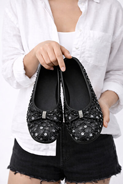 STOCON Με γκλίτερ Μαύρος φιόγκος με παγιέτες Mary Jane Μπαλαρίνα Κομψά Με αγκ...