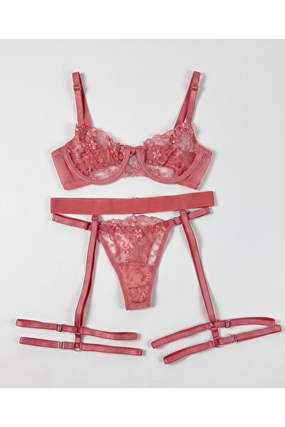 Amelia Paris Lingerie Kadın Mercan Çiçek Desenli Balenli Brode 3'lü Jartiyerl...