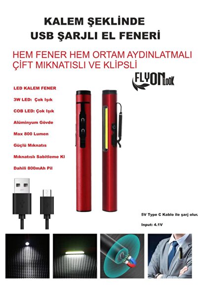 FLYONLOOK Kalem Şeklinde Şarj Edilebilir EL Feneri Güçlü Mıknatıslı Hem Ortam...