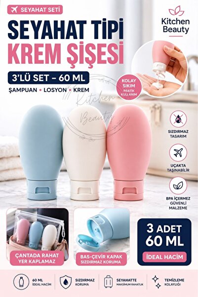 Kitchen Beauty 3 Adet Çok Amaçlı Seyahat Tipi Doldurulabilir Krem Kutusu Şamp...