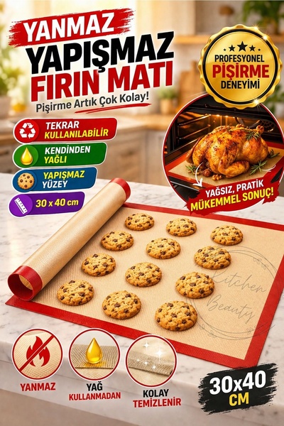 Kitchen Beauty Silikon  Yanmaz Yapışmaz Pişirme Matı 40*30 Cm Kendinden Yağlı...
