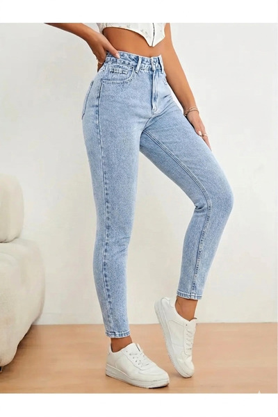 WODDİ Astrid Kadın Buz Mavi Kar Yıkama Jeans Boyfriend Mom Jean Yüksek Bel Denim Kot Pantolon