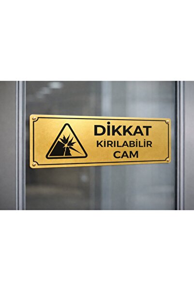 Outdoor One Warning: Fragile Glass Gold Metal Door Warning Sign 5X20 cm