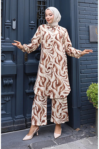 sefamerve Modal Υφασμάτινο Παντελόνι Τουνίκ Διπλό Σετ 0158-03 Καφέ