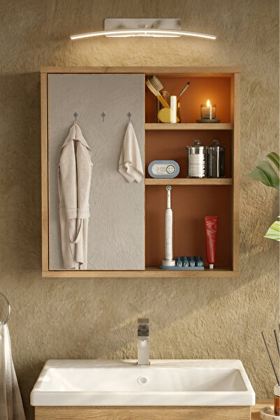 Yurudesign Nova Aynalı Lavabo Üstü Banyo Dolabı Raflı Kapaklı 60cm Sepet-Kire...