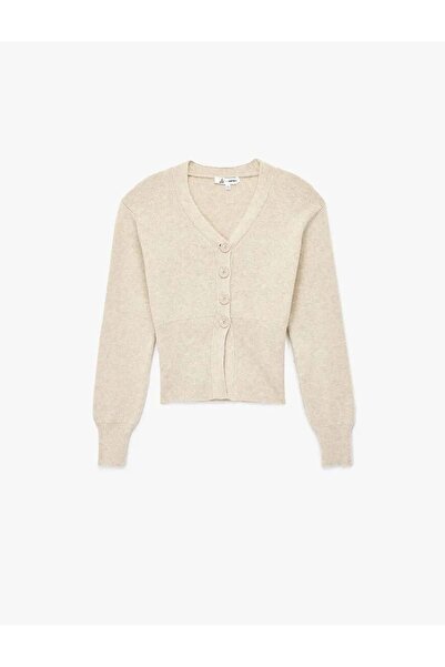 Koton Women's Clothing Buttoned V-Neck Long Sleeve Knitwear Cardigan Beige