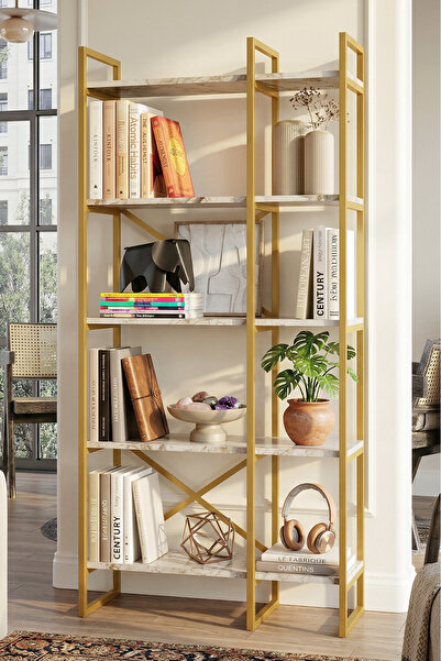Yurudesign Voyage Gold Metal Kitaplık 5 Raflı 2 Bölme 175cm Mermer Desen Vg4-ge